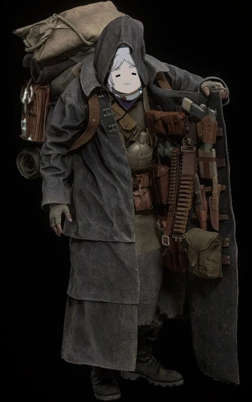 A hooded dealer holding open a coat lined with guns